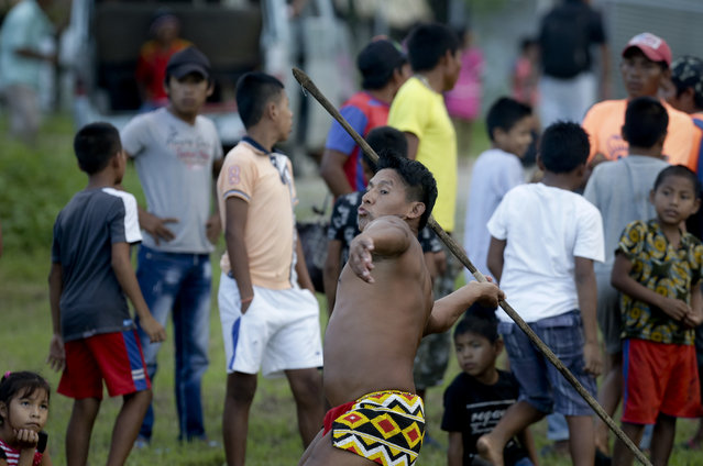 In this November 25, 2018 photo, an Embera indigenous man takes part in the spear throwing competition during the second edition of the Panamanian indigenous games in Piriati, Panama. The Embera are an indigenous people of Panama and Colombia. (Photo by Arnulfo Franco/AP Photo)