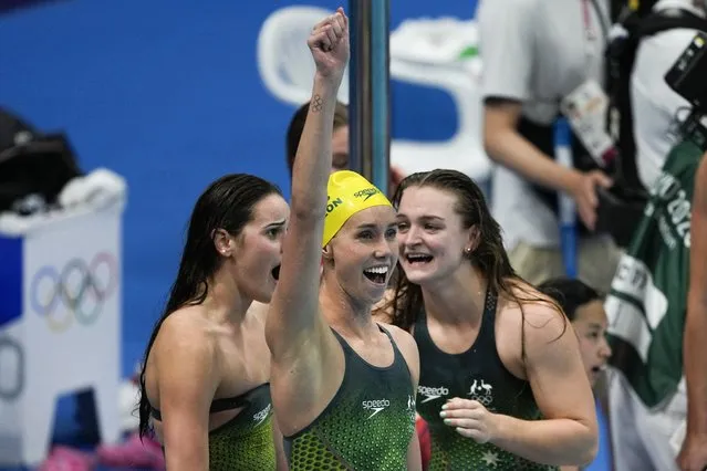 Kaylee McKeown, of Australia, and teammates celebrate winning the gold medal in the women's 4x100-meter medley relay final at the 2020 Summer Olympics, Sunday, August 1, 2021, in Tokyo, Japan. (Photo by Jae C. Hong/AP Photo)