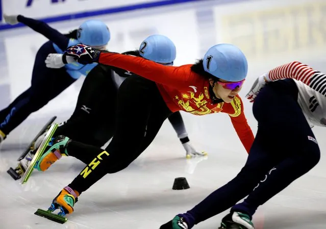 Yihan Guo of China races in the women' s 1500 meter short track during the Asian Winter Games in Makomanai, Sapporo, Japan on February 20, 2017. (Photo by Kim Kyung-Hoon/Reuters)