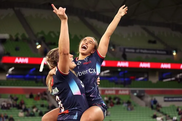 Chanelle Kohika-Skipper of the Rebels and Grace Hamilton of the Rebels celebrate winning during the round five Super Rugby Women's match between Melbourne Rebels and Fijian Drua at AAMI Park on April 13, 2024 in Melbourne, Australia. (Photo by Kelly Defina/Getty Images)