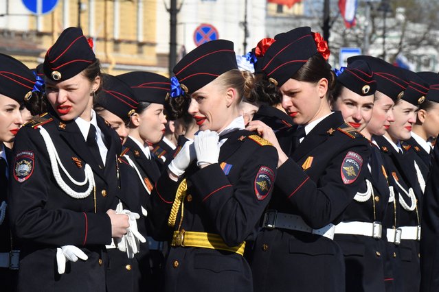 Participants get ready for the Victory Day military parade on Dvortsovaya Square in central Saint Petersburg on May 9, 2024. Russia celebrates the 79th anniversary of the victory over Nazi Germany in World War II. (Photo by Olga Maltseva/AFP Photo)