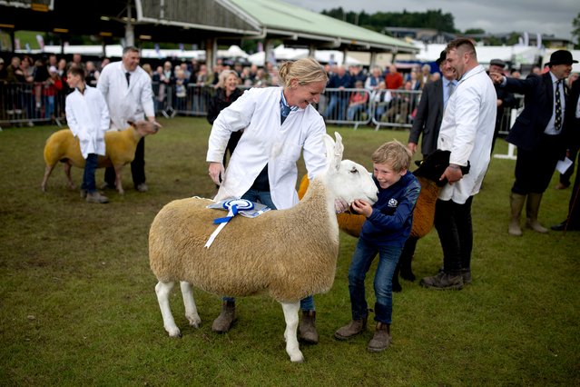 A handler celebrates with her family as her Border Leicester sheep is awarded reserve champion in its class on the third day of the Great Yorkshire Show in Harrogate, northern England on July 11, 2024. The agricultural show, which was first held in 1838, showcases all aspects of country life. Organised by the Yorkshire Agricultural Society (YAS), it is held each July and attracts around 140,000 visitors over the four days. (Photo by Oli Scarff/AFP Photo)