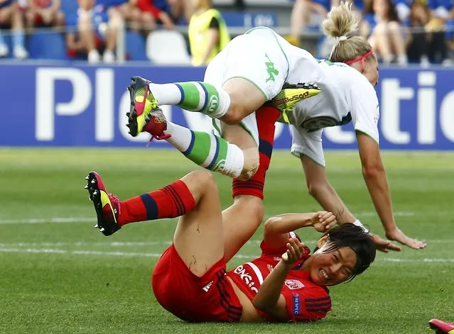 Football Soccer, VfL Wolfsburg vs Olympique Lyon, UEFA Women's Champions League Final, Mapei stadium, Reggio Emilia, Italy on May, 26, 2016. Olympique Lyon's Saki Kumagai in action against VfL Wolfsburg's Alexandra Popp (top). (Photo by Stefano Rellandini/Reuters)