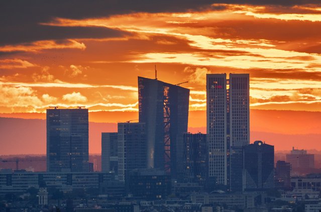 The European Central Bank, centre, is pictured before sunrise in Frankfurt, Germany, Thursday, October 26, 2023. (Photo by Michael Probst/AP Photo)