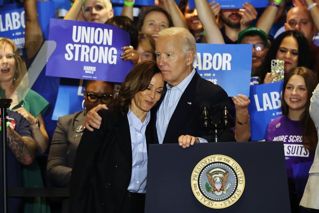 Democratic presidential nominee, U.S. Vice President Kamala Harris is embraced by U.S. President Joe Biden during a campaign event at IBEW Local Union #5 on September 02, 2024 in Pittsburgh, Pennsylvania. President Joe Biden joined Vice President Harris for her second Labor Day event, for the first time on the campaign trail since he departed the Democratic ticket and Harris was confirmed as the Democratic Party's nominee for the 2024 presidential election against Republican presidential nominee, former U.S. President Donald Trump. The event was attended by members of the IBEW,United Steelworkers, AFSCME, and other unions. (Photo by Michael M. Santiago/Getty Images)