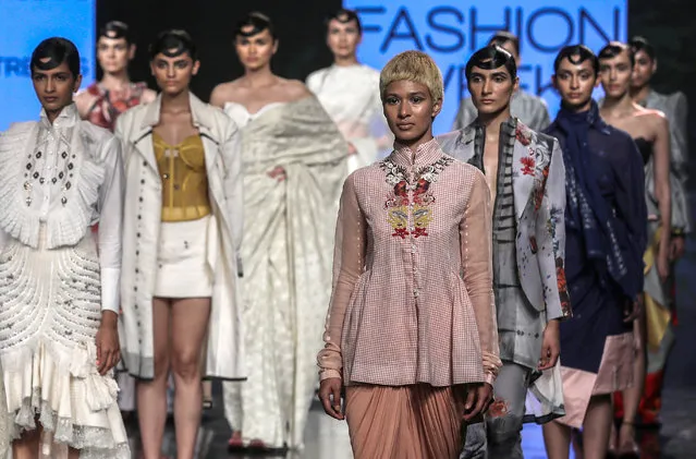 Models present creations by Indian fashion label House of Three during the Lakme Fashion Week (LFW) Summer/Resort 2020 in Mumbai, India, 1​3 February 2020. (Photo by Divyakant Solanki/EPA/EFE)
