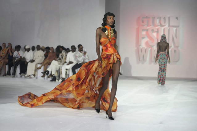 A model wears a creation by designer Gert Johan during the GTCO Fashion Weekend in Lagos, Nigeria, Saturday, November 9, 2024. (Phoot by Sunday Alamba/AP Photo)