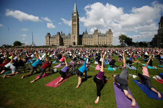 People take part in a weekly yoga class on the front lawn of Parliament Hill in Ottawa, Ontario, Canada, August 30, 2017. (Photo by Chris Wattie/Reuters)