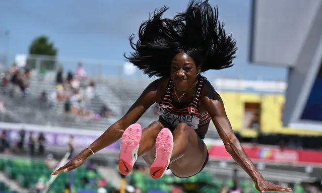 Canada's Christabel Nettey competes in the women's long jump qualification during the World Athletics Championships at Hayward Field in Eugene, Oregon on July 23, 2022. (Photo by Andrej Isakovic/AFP Photo)