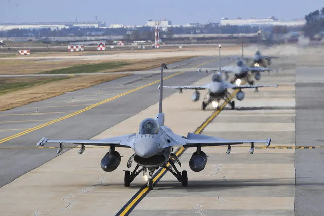 In this photo provided by the South Korea Defense Ministry, South Korean Air Forces' KF-16 fighters prepare to take off during a joint aerial drills called Vigilant Storm between U.S and South Korea, in Gunsan, South Korea, Monday, October 31, 2022. (Photo by South Korea Defense Ministry via AP Photo)