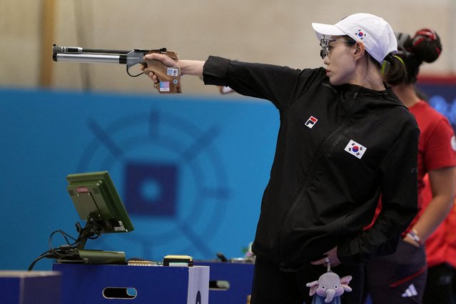 Kim Yeji of Team Republic of Korea shoots during the Women's 10m Air Pistol Final on day two of the Olympic Games Paris 2024 at Chateauroux Shooting Centre on July 28, 2024 in Chateauroux, France. (Photo by Amr Alfiky/Reuters)