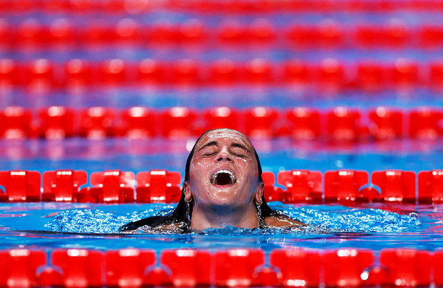 Simona Quadarella of Team Italy celebrates after winning gold in the Women's 1500m Freestyle Final on day twelve of the Doha 2024 World Aquatics Championships at Aspire Dome on February 13, 2024 in Doha, Qatar. (Photo by Clodagh Kilcoyne/Reuters)