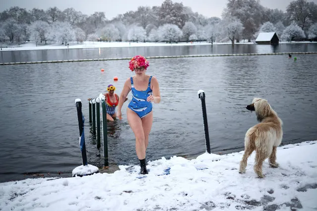 A swimmers walk out of Serpentine lake, as cold weather continues, in London, Britain on December 12, 2022. (Photo by Henry Nicholls/Reuters)