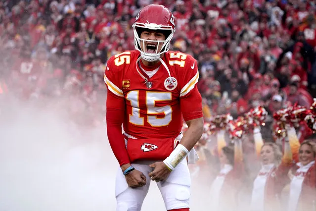 Kansas City Chiefs quarterback Patrick Mahomes (15) is introduced before playing against the Jacksonville Jaguars in the AFC divisional round game at GEHA Field at Arrowhead Stadium in Kansas City, Missouri on January 21, 2023. (Photo by Denny Medley/USA TODAY Sports)