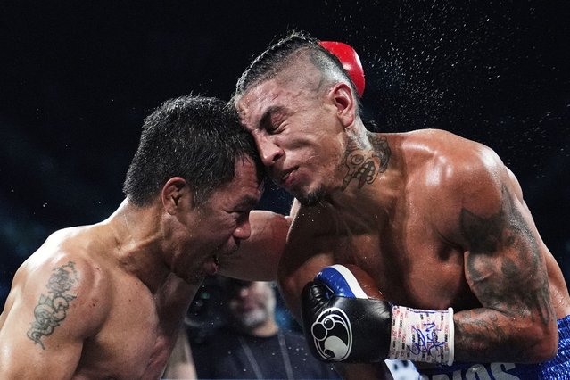 Manny Pacquiao, left, fights Mario Barrios in a welterweight title boxing match Saturday, July 19, 2025, in Las Vegas. (Photo by John Locher/AP Photo)