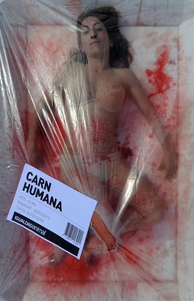 Vegetarian Activists Push Message with Semi-Naked Women in Bloody Meat Packaging