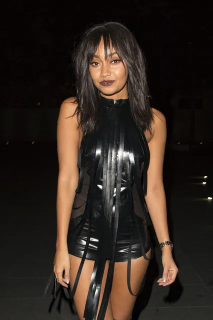 Leigh-Anne Pinnock celebrates her 25th Birthday with Little Mix bandmates, family and friends in London on October 9, 2016. The party was in the famous Gherkin building at The Sterling Bar in the City of London. Leigh-Anne had an outfit change for her exit. She changed from a white revealing jump-suit into a hot black rubber number. Jesy Nelson made her exit blocked behind an umbrella even though it wasn't raining. Perrie Edwards in a leather dress with red lining left before both of them and went home alone. (Photo by Splash News and Pictures)