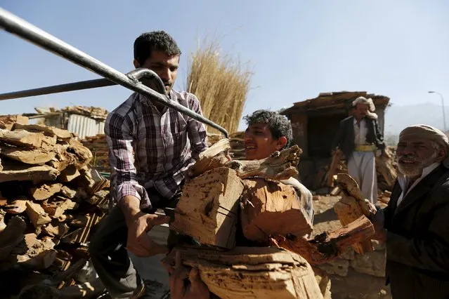 Vendors carry firewood at a market amid ongoing fuel and cooking gas shortages in Yemen's capital Sanaa December 2, 2015. (Photo by Khaled Abdullah/Reuters)