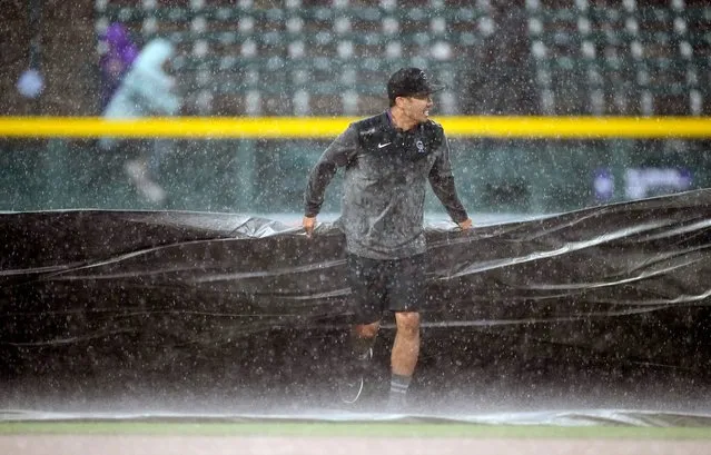 A member of the grounds crew pulls the tarpaulin as a heavy rain swamps Coors Field in the bottom of the ninth inning of a baseball game between the San Diego Padres and the Colorado Rockies, Sunday, June 11, 2023, in Denver. (Photo by David Zalubowski/AP Photo)