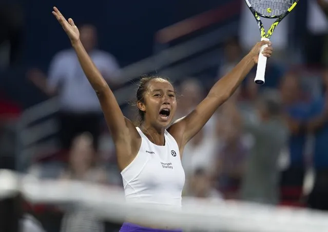 Leylah Fernandez, of Canada, celebrates her win against Beatriz Haddad Maia, of Brazil, during the National Bank Open women’s tennis tournament Wednesday, August 9, 2023, in Montreal. (Photo by Christinne Muschi/The Canadian Press via AP)