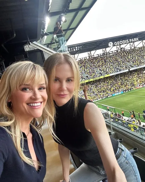 Actresses Reese Witherspoon and Nicole Kidman reunite for a Nashville soccer game in the second decade of August 2023. (Photo by reesewitherspoon/Instagram)
