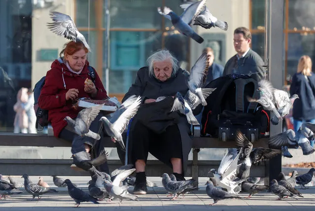 Elderly women feed pigeons at a bus stop in Moscow, Russia on April 30, 2019. (Photo by Maxim Shemetov/Reuters)