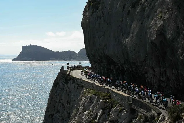 The pack rides along Capo Noli during the 115th Milan-SanRemo one-day classic cycling race, between Pavia and SanRemo, on March 16, 2024. (Photo by Marco Bertorello/AFP Photo)