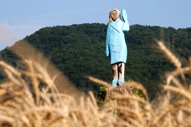 Life-size wooden sculpture of U.S. first lady Melania Trump is officially unveiled in Rozno, near her hometown of Sevnica, Slovenia, July 5, 2019. (Photo by Borut Zivulovic/Reuters)