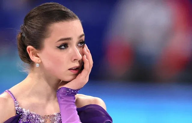 Kamila Valieva of Team ROC reacts after competing in the Women Single Skating Short Program on day eleven of the Beijing 2022 Winter Olympic Games at Capital Indoor Stadium on February 15, 2022 in Beijing, China. (Photo by Evelyn Hockstein/Reuters)