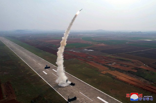 This picture taken on April 19, 2024 and released from North Korea's official Korean Central News Agency (KCNA) on April 20, 2024 shows the DPRK Missile Administration conducting a test launch of “Pyoljji-1-2” new-type anti-aircraft missiles in the West Sea of Korea. (Photo by KCNA via KNS/AFP Photo)