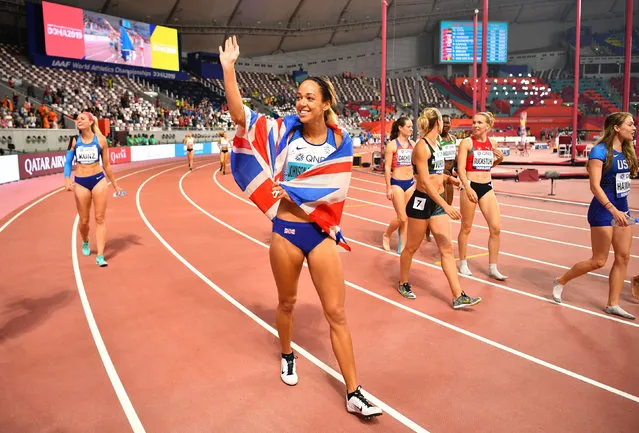 Great Britain’s Katarina Johnson-Thompson celebrates after winning gold in the women’s 800m heptathlon at the World Athletics Championships in Doha, Qatar on October 3, 2019. (Photo by Dylan Martinez/Reuters)