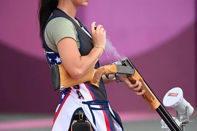 USA's Kayle Browning competes in mixed team trap qualification during the Tokyo 2020 Olympic Games at the Asaka Shooting Range in the Nerima district of Tokyo on July 31, 2021. (Photo by Tauseef Mustafa/AFP Photo)