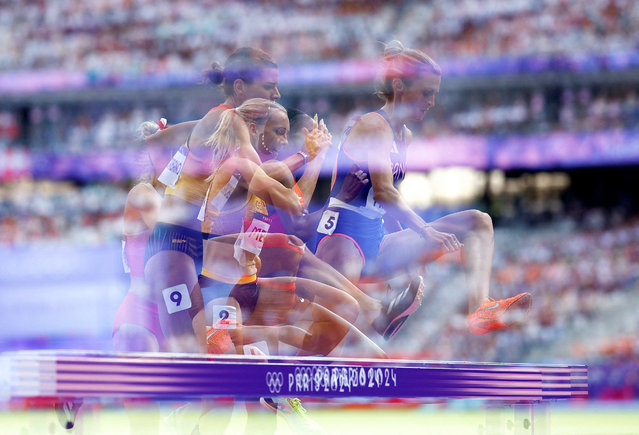 Irene Sanchez-Escribano of Spain, Lea Meyer of Germany and Alice Finot of France  compete in the women's 3000m steeplechase heat of the athletics event at the Paris 2024 Olympic Games at Stade de France in Saint-Denis, north of Paris, on August 4, 2024. (Photo by Sarah Meyssonnier/Reuters)