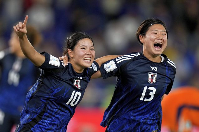 Japan's Tanaka Matsucubo, left, celebrates with teammate Maya Hijikata scoring her side's opening goal against Netherlands during a U-20 Women's World Cup semifinal soccer match in Cali, Colombia, Wednesday, September 18, 2024. (Photo by Fernando Vergara/AP Photo)