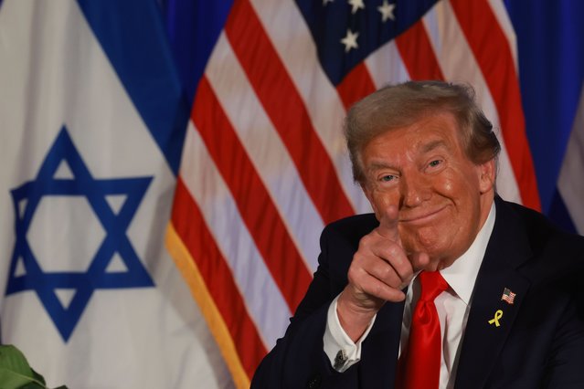 Republican presidential nominee, former U.S. President Donald Trump, attends an Oct. 7th remembrance event at the Trump National Doral Golf Club on October 07, 2024 in Doral, Florida. The event was held to commemorate October 7th, 2023, when Hamas terrorists mounted a series of attacks and raids on Israeli towns near Gaza, killing 1,145 people and taking 251 hostages. (Photo by Joe Raedle/Getty Images)