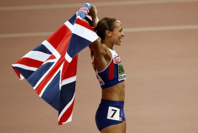 Jessica Ennis-Hill celebrates after winning the women's heptathlon during the 15th IAAF World Championships at the National Stadium in Beijing, China August 23, 2015. (Photo by Fabrizio Bensch/Reuters)