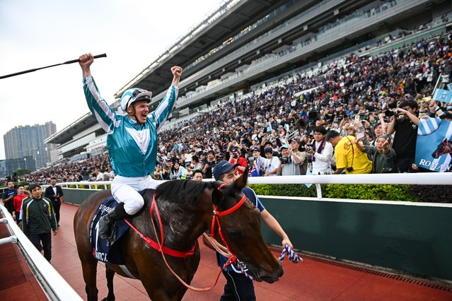 James McDonald riding Romantic Warrior reacts with the crowd after winning Race 8, the Longines Hong Kong Cup during racing at Sha Tin Racecourse on December 08, 2024 in Hong Kong, China. (Photo by Vince Caligiuri/Getty Images)