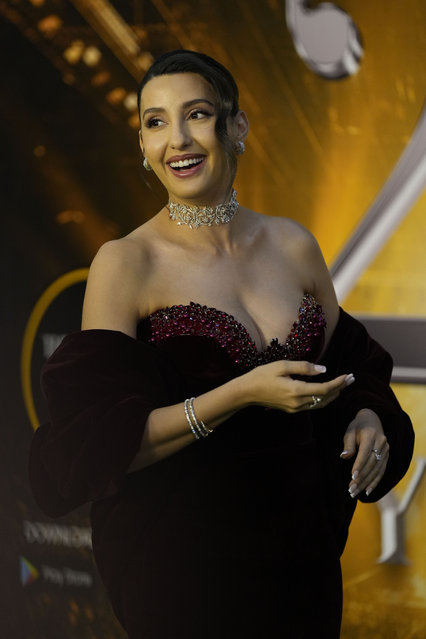 Bollywood actor and singer Nora Fatehi poses for a photograph as she arrives for the International Indian Film Academy (IIFA) awards ceremony in Jaipur, India, Sunday, March 9, 2025. (Photo by Deepak Sharma/AP Photo)