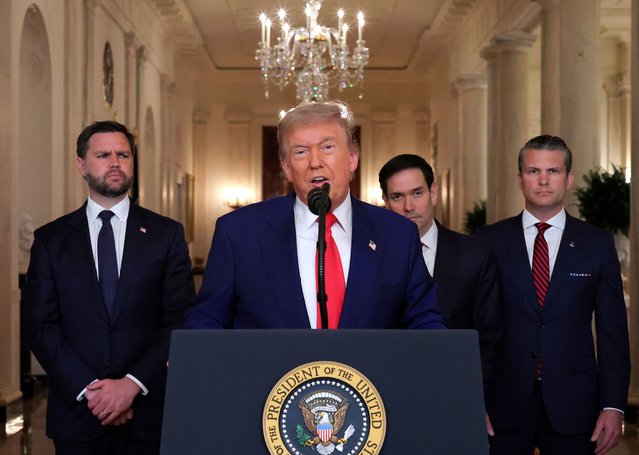 President Donald Trump speaks from the East Room of the White House in Washington, Saturday, June 21, 2025, after the U.S. military struck three Iranian nuclear and military sites, directly joining Israel's effort to decapitate the country's nuclear program, as Vice President JD Vance, Secretary of State Marco Rubio and Defense Secretary Pete Hegseth listen. (Photo by Carlos Barria/Pool via AP Photo)
