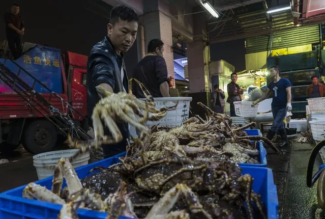 A man unloads King Crabs that arrived from Russia from truck on Huangsha Seafood Market in Guangzhou, Guandong Province, China, 20 January 2018. (Photo by Aleksandar Plavevski/EPA/EFE)