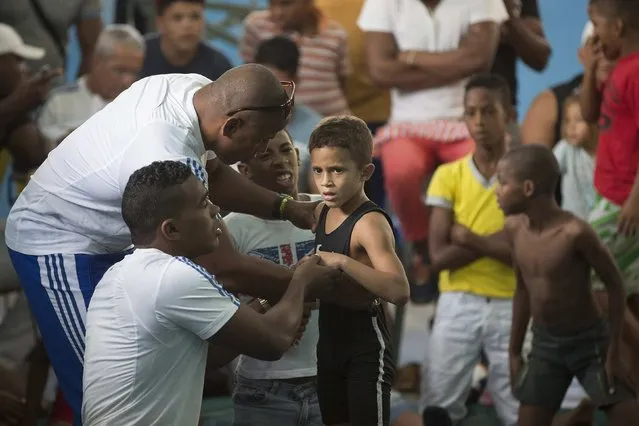 A child speaks to his coaches during a local wrestling tournament in Havana, November 15, 2014. (Photo by Alexandre Meneghini/Reuters)