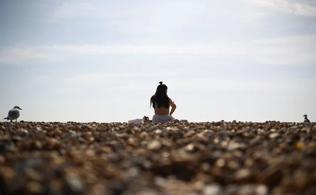 A woman sunbathes on a sunny day at Brighton beach in Brighton, Britain on September 15, 2020. (Photo by Hannah McKay/Reuters)