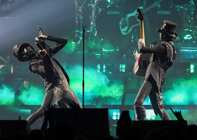 Randy Moore (L) and Per Eriksson of Ghost perform on a stop of the band's Skeletour tour at MGM Grand Garden Arena on August 09, 2025 in Las Vegas, Nevada. (Photo by Ethan Miller/Getty Images)