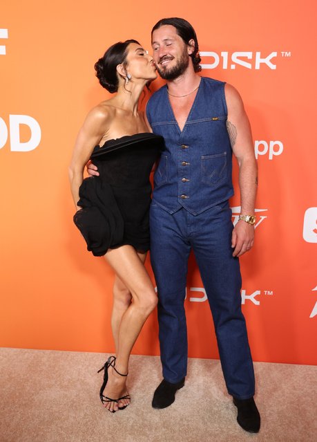 American dancer and choreographer Jenna Johnson and Ukrainian-American dancer Valentin Chmerkovskiy pucker up on the carpet of “Variety’s Power of Young Hollywood” in Los Angeles on August 7, 2025. (Photo by Chelsea Lauren/Rex Features/Shutterstock)