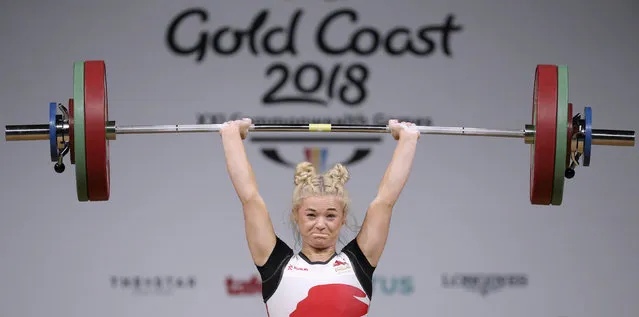 Fraer Morrow of England competes during the Women's 53kg weightlifting final on day two of the Gold Coast 2018 Commonwealth Games at Carrara Sports and Leisure Centre on April 6, 2018 on the Gold Coast, Australia. (Photo by Athit Perawongmetha/Reuters)
