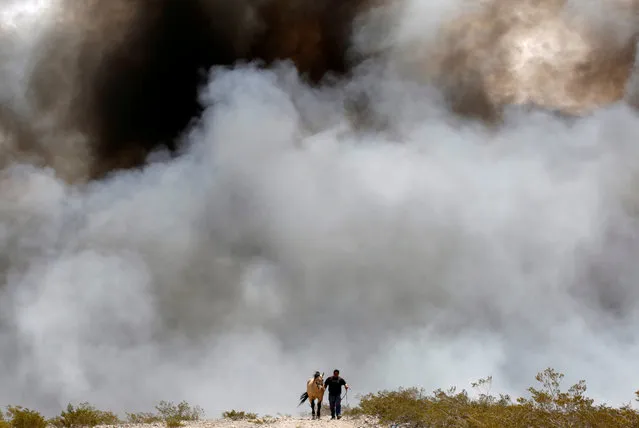 A man evacuates his horse from the area as the fire burns through a pile of old tyres at a recycling centre in Ciudad Juarez, Mexico May 2, 2018. (Photo by Jose Luis Gonzalez/Reuters)