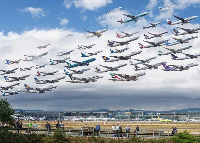 The pics show the astonishing volume of air traffic coming from the world’s busiest airports. (Photo by Mike Kelley/SWINS)