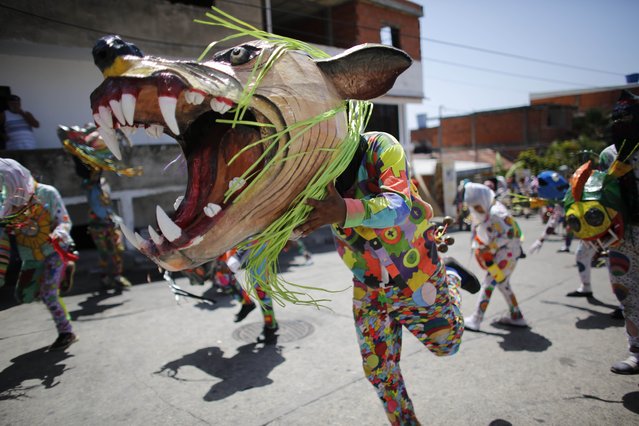 People dressed as a dancing devils with giant mask dance on a street, during a traditional celebration in Naiguata, Venezuela, Thursday, May 31, 2018. Carrying in their hands striking masks mostly animals and sea monsters, hundreds of men, women and children went out to dance frantically as possessed by evil spirits in an ancient ritual known as Dancing Devils of Naiguata, the unorthodox way of the coastal towns of Venezuela to venerate God during the celebrations of Corpus Christi. (Photo by Ariana Cubillos/AP Photo)