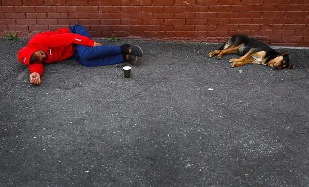 A man and a dog rest on the ground outside a train station in Moscow, Russia, June 18, 2018. As well as shooting all the matches, Reuters photographers are producing pictures showing their own quirky view from the sidelines of the World Cup. (Photo by Kai Pfaffenbach/Reuters)