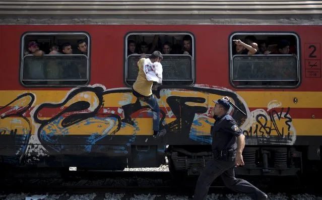 A policeman tries to stop a migrant from boarding a train through a window at Gevgelija train station in Macedonia, close to the border with Greece, August 15, 2015. (Photo by Stoyan Nenov/Reuters)